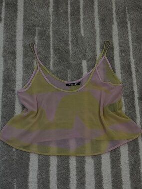 Mid 2000’s Volcom Women's Pink/Green Striped Sheer Mesh Spaghetti Strap Cami Top